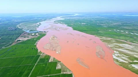 Plain agricultural fields - rivers - aerial photography of the Yellow River Stock Footage 257900768