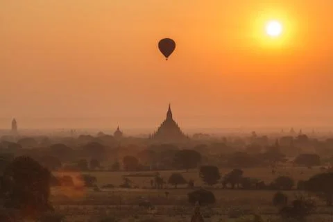 The plain of Bagan at sunset, Myanmar Stock Photos