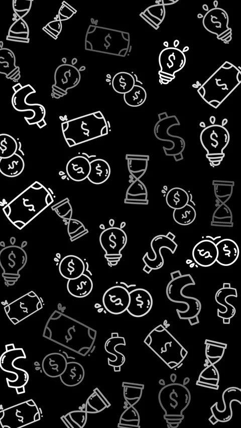 Plain black pattern enhances the money lightbulbs hourglasses and dollar signs o Stock Footage 327538251