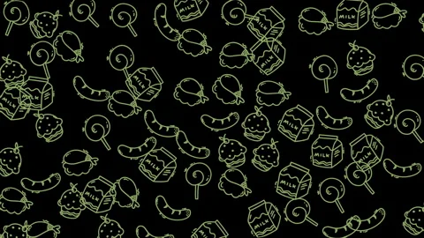 Plain black pattern Outline illustrations of food items with a black and green b 動画素材 341807485
