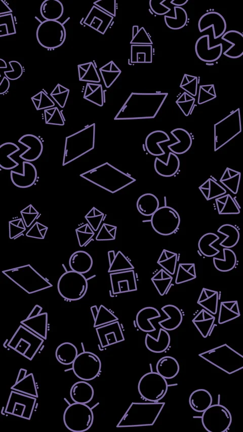 Plain black pattern showcases purple snowmen houses giftboxes piecharts and diam Stock Footage 327872911