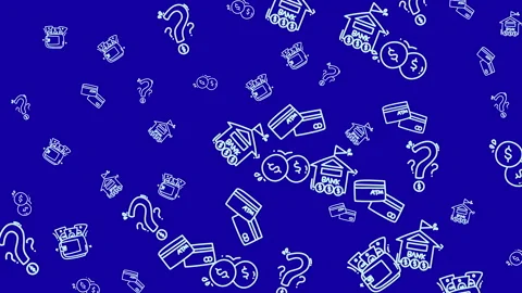 Plain blue background Line art wallet, question mark, credit card, coin icons on Stock Footage 341821875