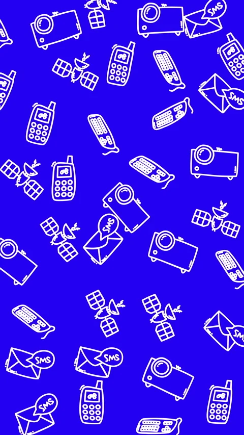 Plain blue pattern enhances hand drawn telecom devices artfully arranged across  Stock Footage 327621012