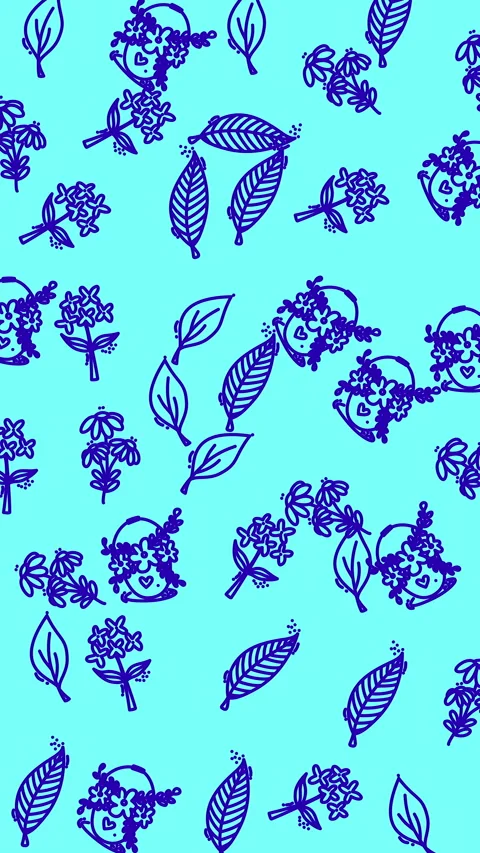 Plain blue pattern features a delicate design of flowers and leaves on turquoise Stock Footage 327872932
