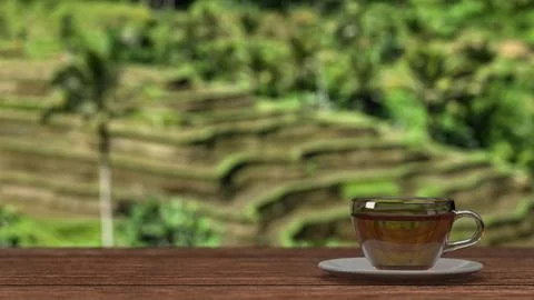 A plain clear glass cup filled with water with a small saucer on a wooden tab Stock Illustration