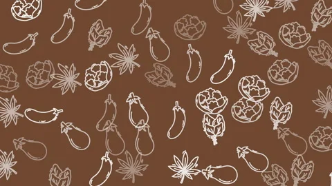 Plain color background White line art patterns of small eggplants and star anise Stock Footage 341821876