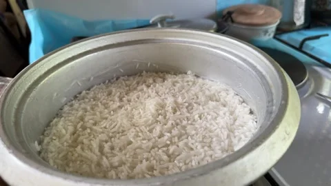 Plain cooked rice inside metal pot Stock Footage 325313456