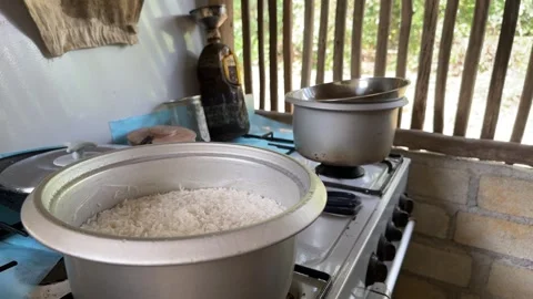 Plain cooked rice inside metal pot Stock Footage 325313982