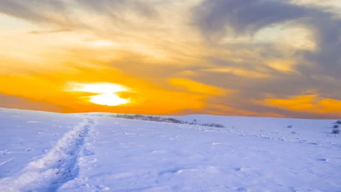 Plain covered by a snow in the light of evening sun Stock Footage 205360366