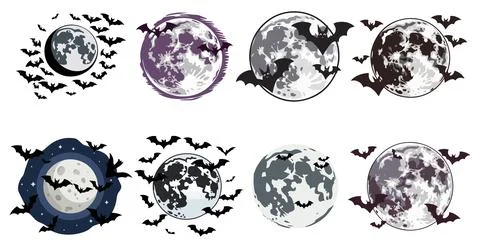 A plain design of a full moon with bats flying, on a white background Stockillustratie