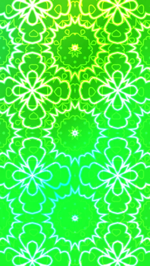 Plain green background highlights glowing repeating floral mandala patterns crea Stock Footage 328999134