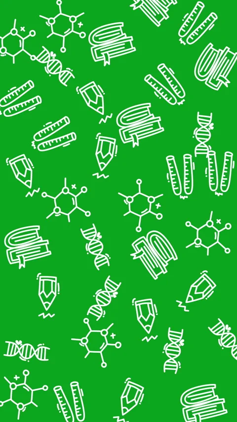 Plain green pattern accents books pencils dna tubes and chemistry structures ill Stock Footage 327622919