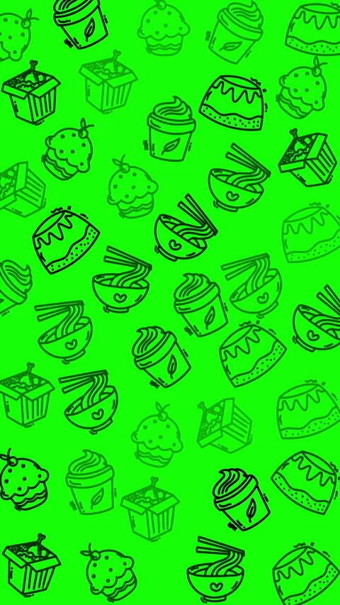 Plain green pattern backdrop features vibrant food doodles like cake noodles and Stock Footage 327539713