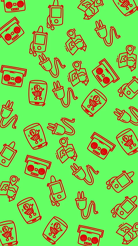 Plain green pattern highlights electronics maps online shopping and power plugs  Stock Footage 327856724