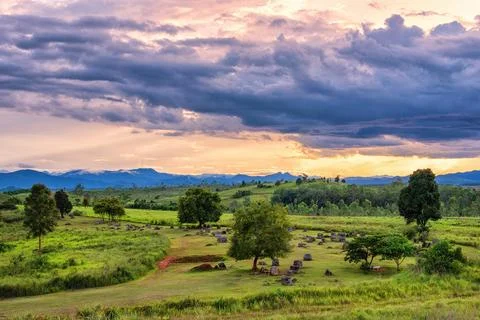 Plain of Jars is a megalithic archaeological landscape. Stock Photos