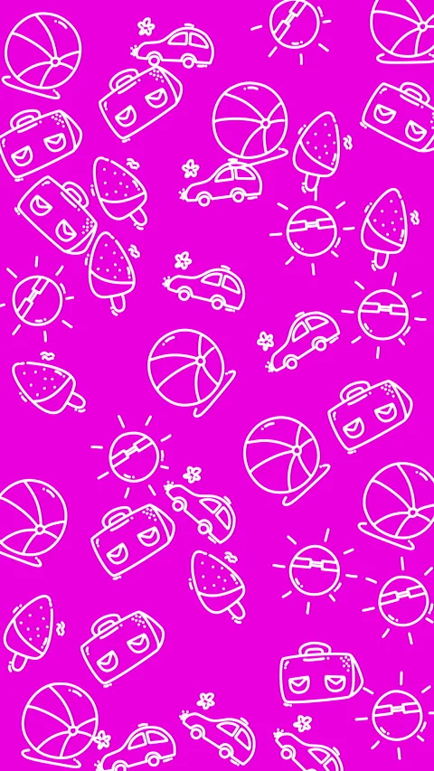 Plain pink pattern highlights fun cars luggage suns balls and ice cream illustra Stock Footage 327539684