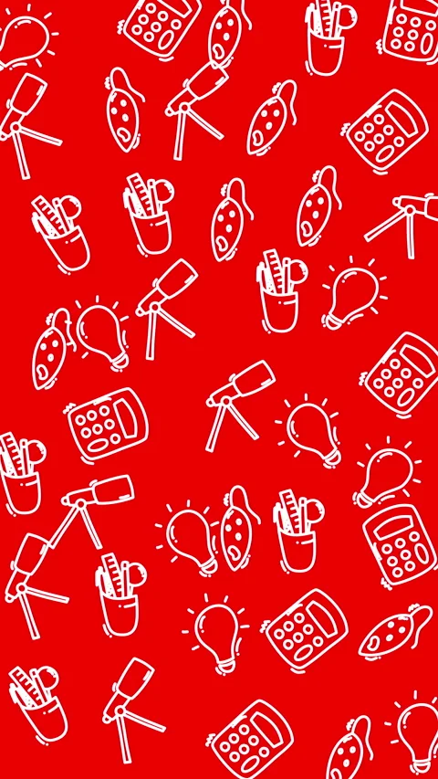 Plain red pattern highlighting white school supply outlines on a vibrant backgro Stock Footage 327539729