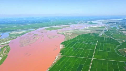 Plain rivers and fields - aerial photography of the Yellow River Stock Footage 257900311