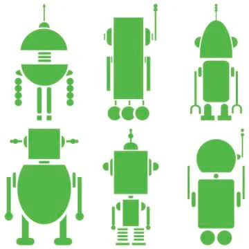 Plain Vintage retro robots 2 icons set in green  set of 6  ( set b) Stock Illustration