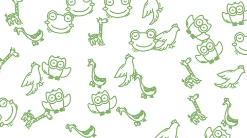 Plain white background Green outlined drawings of cute frogs, owls, giraffes, du 库存影片 341822468