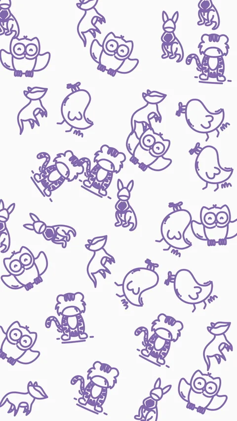 Plain white background Purple outline illustrations of owls, kangaroos, cats, bi 库存影片 341811660