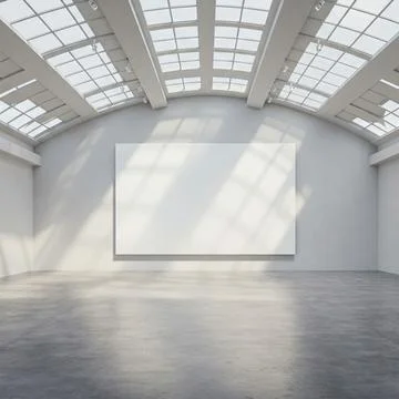 A plain white exhibition room with a frame for text Stock Photos