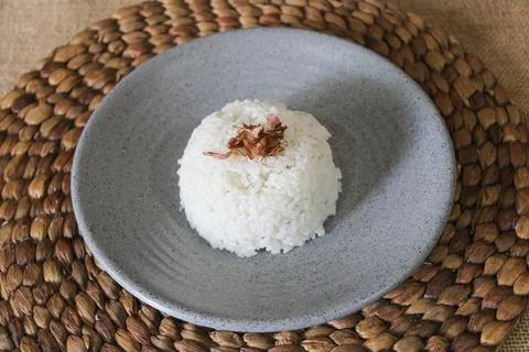 Plain White Rice with Fried Shallots on a Grey Plate Stock Photos