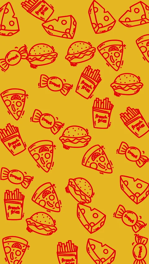 Plain yellow background Drawn icons of pizza slices, burgers, fries, cheese piec Stock Footage 341822617