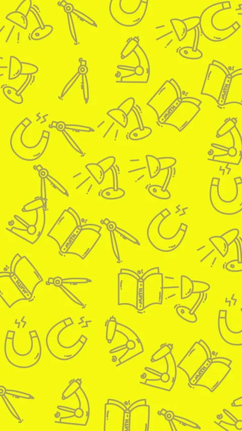 Plain yellow pattern background showcases microscopes magnets lamps books and co Stock Footage 327856730