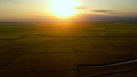 Plains under the setting sun, aerial shot of the fields 스톡 동영상 296143983