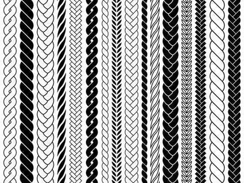 Plaits and braids pattern brushes. Knitting, braided ropes vector isolated イラスト素材