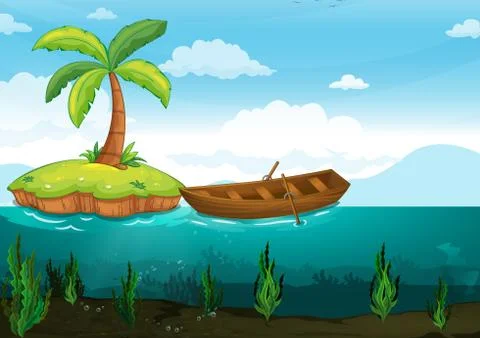Plam tree and rowboat Stock Illustration