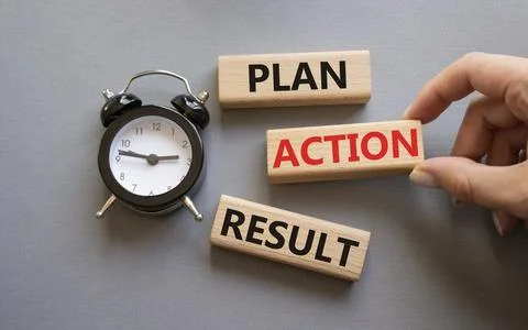 Plan Action Result symbol. Concept words Plan Action Result on wooden blocks. Foto stock