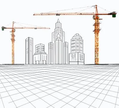 Plan and writing tool with crane of modern building construction in backgroun Stock Illustration