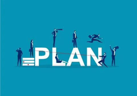PLAN. Concept with people, Flat vector illustration. on blue background. Stock Illustration