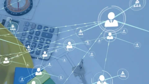 With plan displayed, user icons appearing and linking via glowing lines showing Stock Footage 309893410