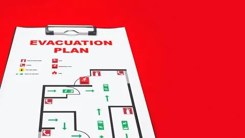 Plan for emergency exit routes in case of fire and crisis at public buildings Stock Photos