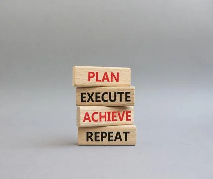 Plan Execute Achieve Repeat symbol. Wooden blocks with words Plan Execute A.. Stock Photos