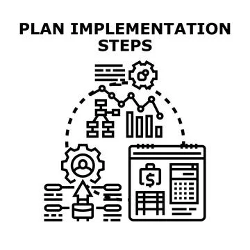 Plan implementation steps creating business strategy and analytics Illustrazione stock