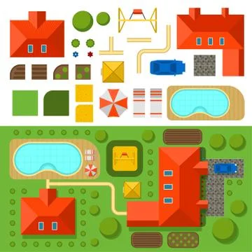 Plan of private house with garden, pool and car vector illustration イラスト素材