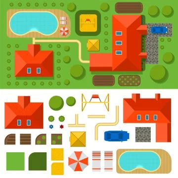 Plan of private house vector illustration top view of outdoor home landscape Stock Illustration
