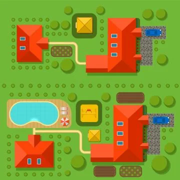 Plan of private house vector illustration top view of outdoor home landscape Stock Illustration
