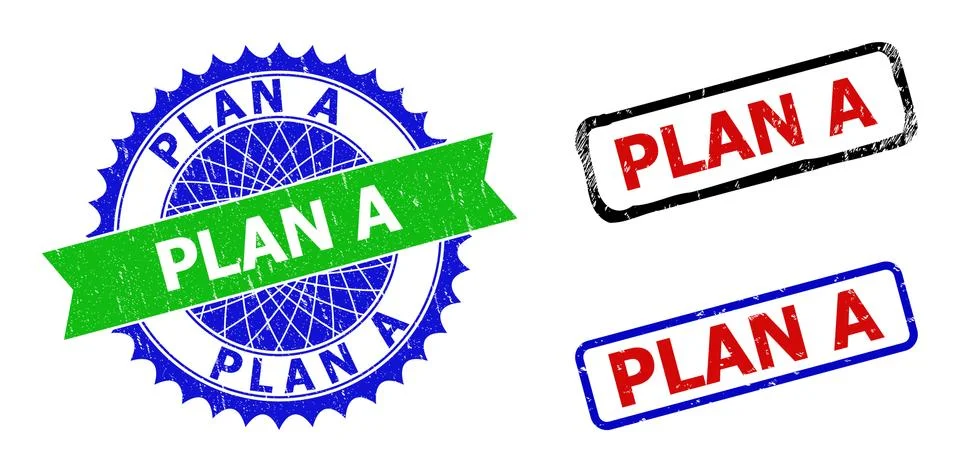 PLAN A Rosette and Rectangle Bicolor Watermarks with Distress Textures Stock Illustration