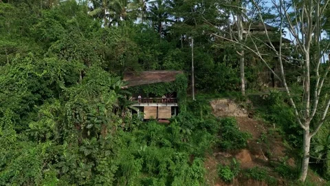 On the plan shot with a quadcopter there is a small cafe in the jungle and cars Stock Footage 267956453