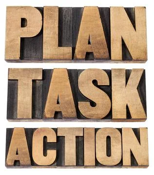  plan, task, action word in woot type plan, task, action - a collage of is... Stock Photos