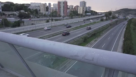 Plan of  traffic in multiple lane highway from on a bridge Stock Footage 97890376