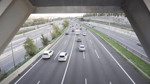 Plan of  traffic in multiple lane highway from under a bridge Stock-Footage 97890793