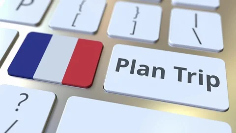 PLAN TRIP text and flag of France on the computer keyboard, travel related 3D Stock Footage 108100034