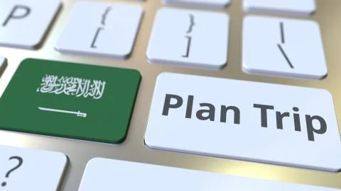 PLAN TRIP text and flag of Saudi Arabia on the computer keyboard, travel related イラスト素材