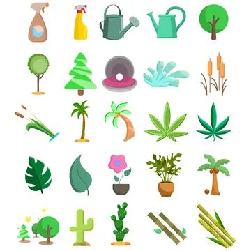 Plan vector clip art set with bamboo, tree, flower, marijuana, leaf, palm, wa Stock Illustration